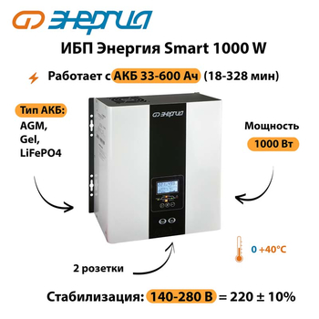 ИБП Энергия Smart 1000W - ИБП и АКБ - Энергия ИБП Smart - . Магазин оборудования для автономного и резервного электропитания Ekosolar.ru в Орске